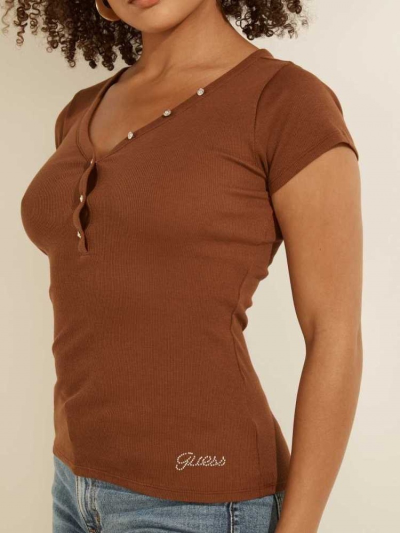 T Shirts Guess V-Neck Henley Femme Marron | 14095-LEYZ