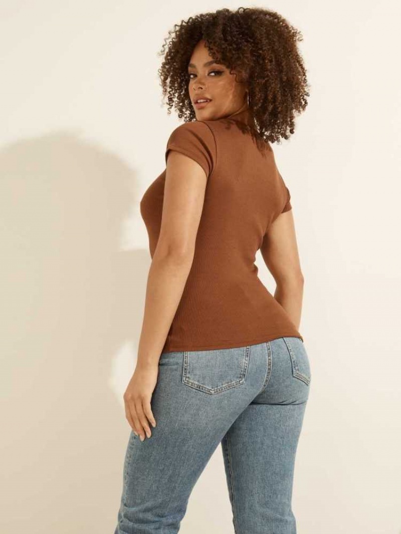 T Shirts Guess V-Neck Henley Femme Marron | 14095-LEYZ