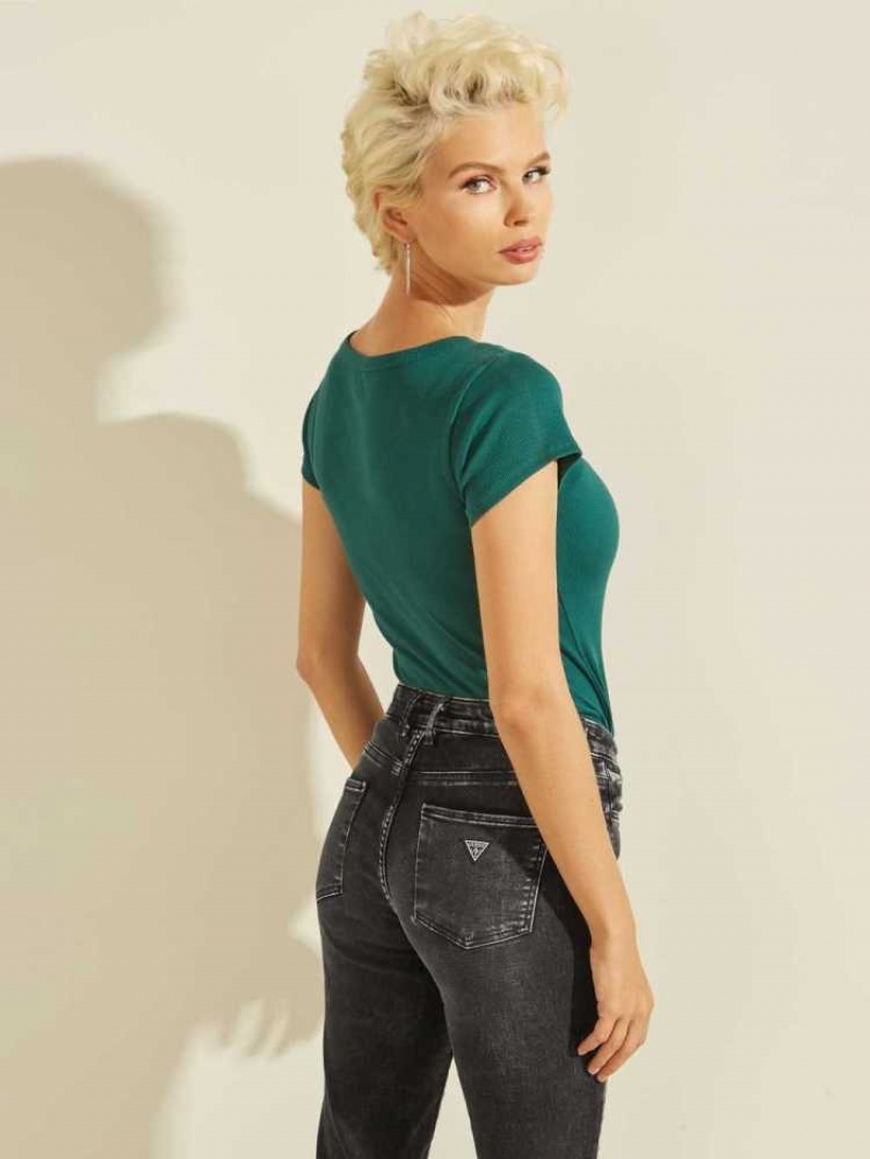 T Shirts Guess V-Neck Henley Femme Vert | 75814-NWRH