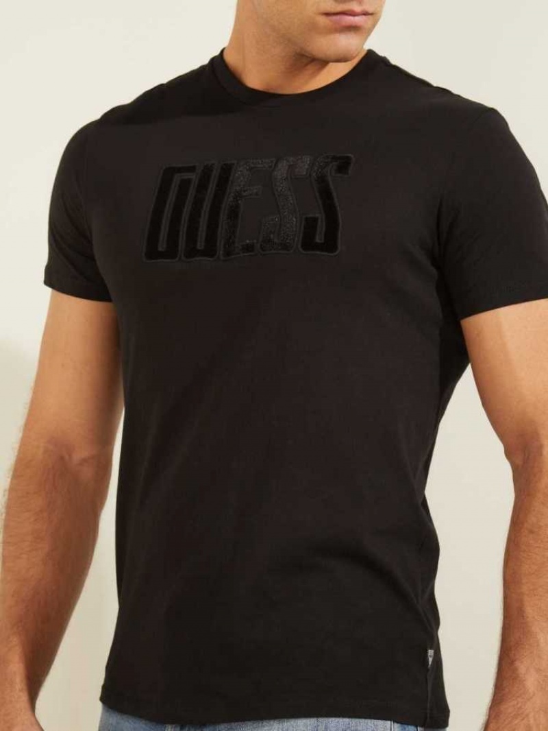 T Shirts Guess Velvet Applique Homme Noir | 89374-BWQK