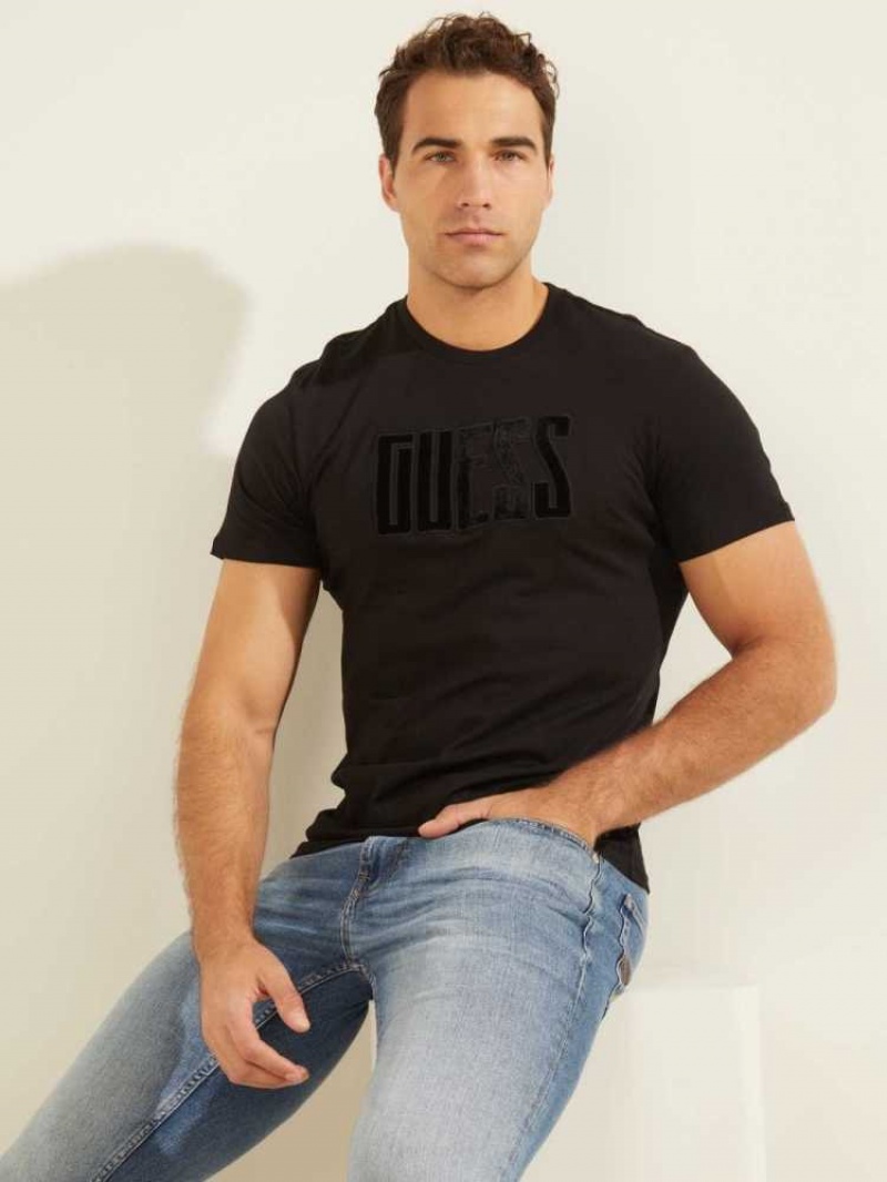 T Shirts Guess Velvet Applique Homme Noir | 89374-BWQK