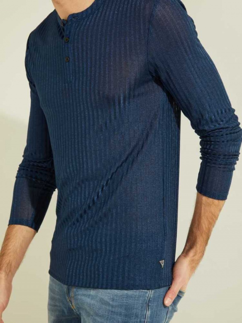 T Shirts Guess Warehouse Long-Sleeve Henley Homme Bleu | 71854-RYKP