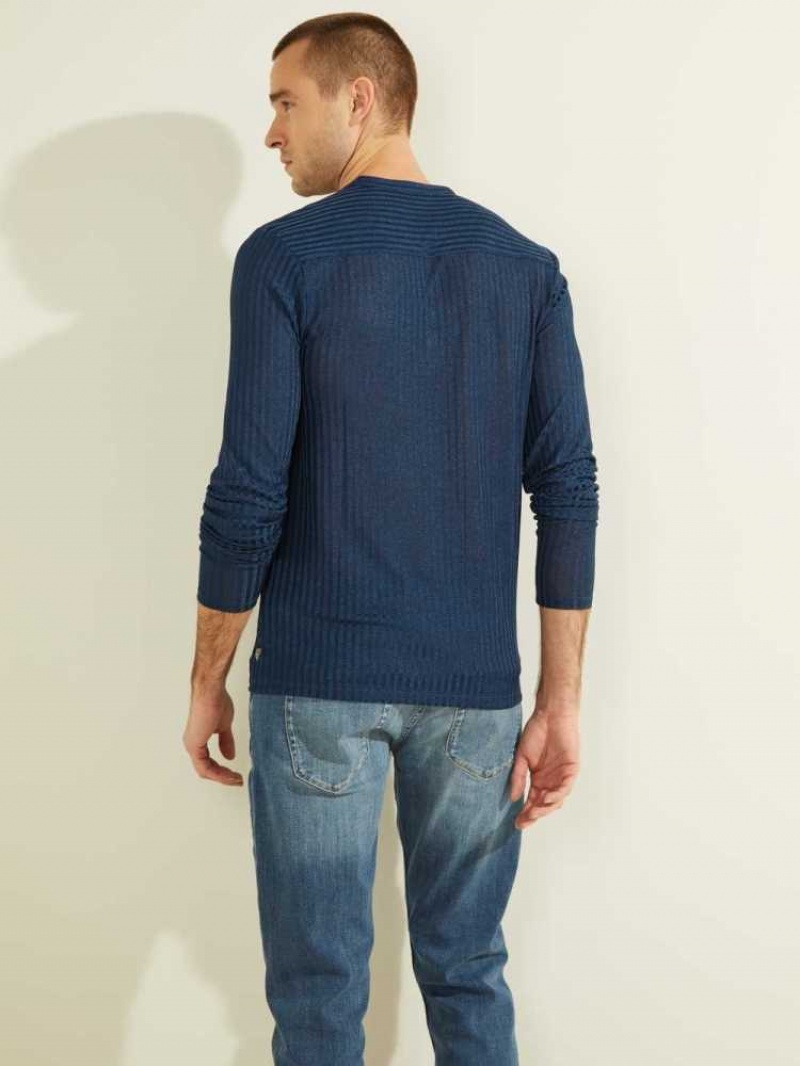 T Shirts Guess Warehouse Long-Sleeve Henley Homme Bleu | 71854-RYKP