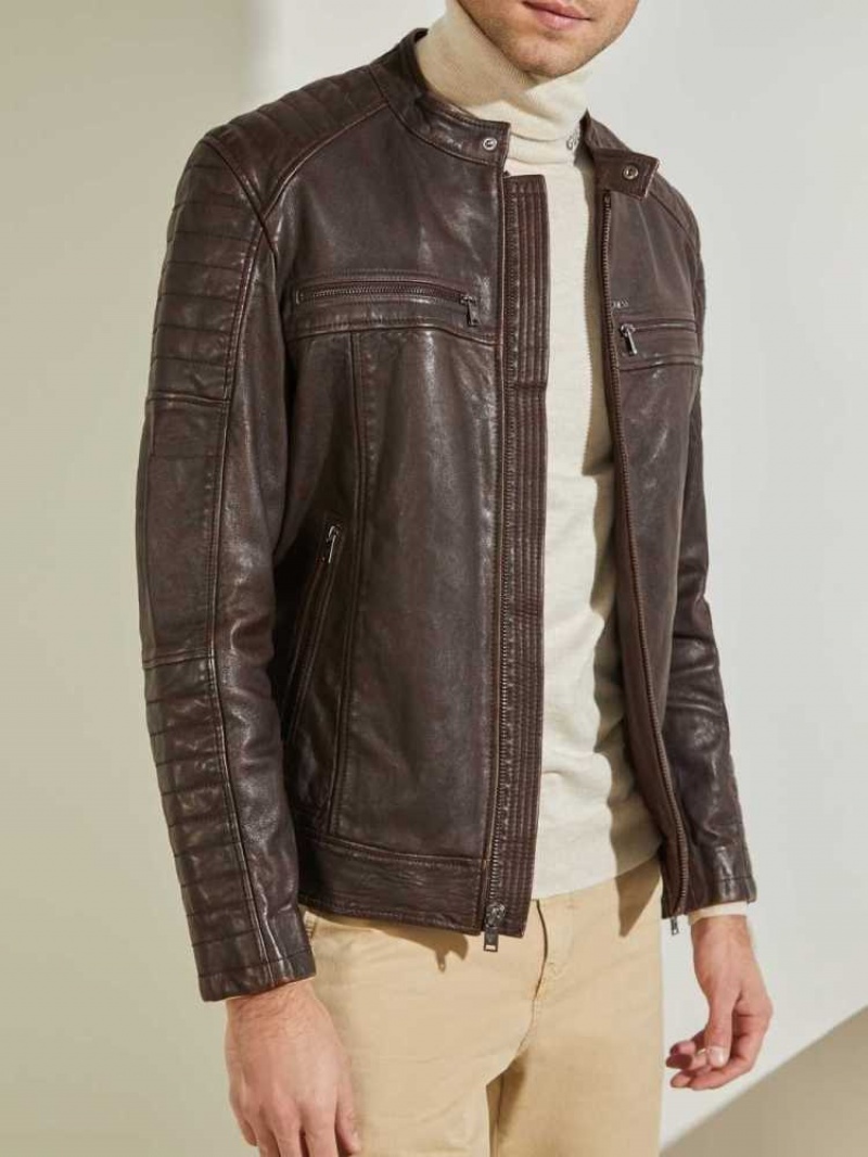 Vestes Guess Cuir Vélo Homme Chocolat Marron | 05423-ERBP