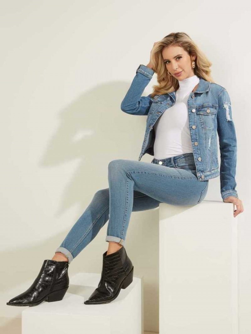 Vestes Guess Destroyed Denim Trucker Femme Lavage | 98325-FACE