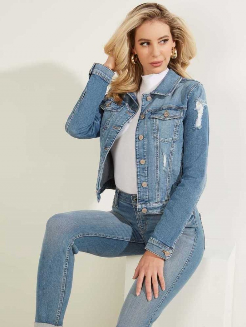 Vestes Guess Destroyed Denim Trucker Femme Lavage | 98325-FACE