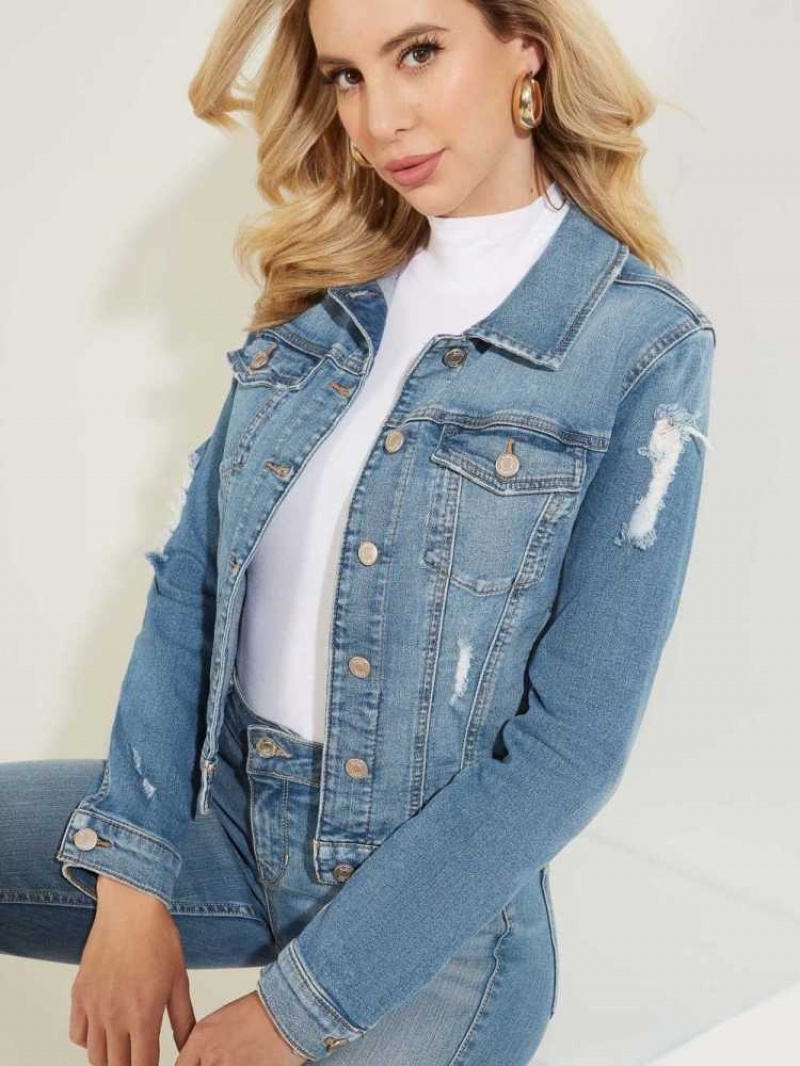 Vestes Guess Destroyed Denim Trucker Femme Lavage | 98325-FACE