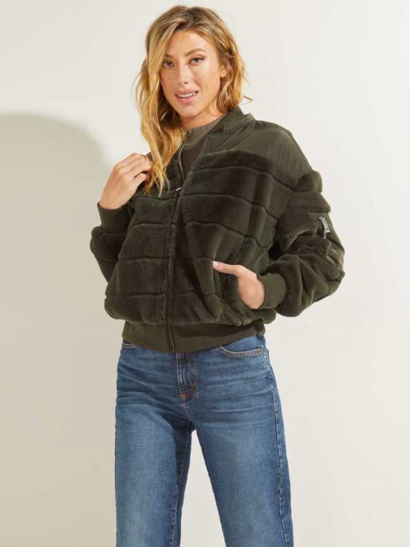 Vestes Guess Felicia Faux-Fur Bomber Femme Vert Multicolore | 61847-PWDQ