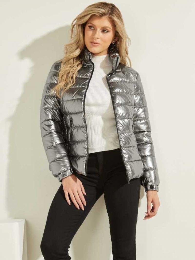 Vestes Guess Fiorenza Metallic Puffer Femme Argent | 95408-VZNF