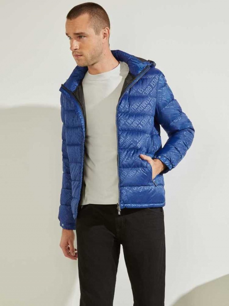 Vestes Guess Logo Down Puffer Homme Bleu | 31489-VJQP