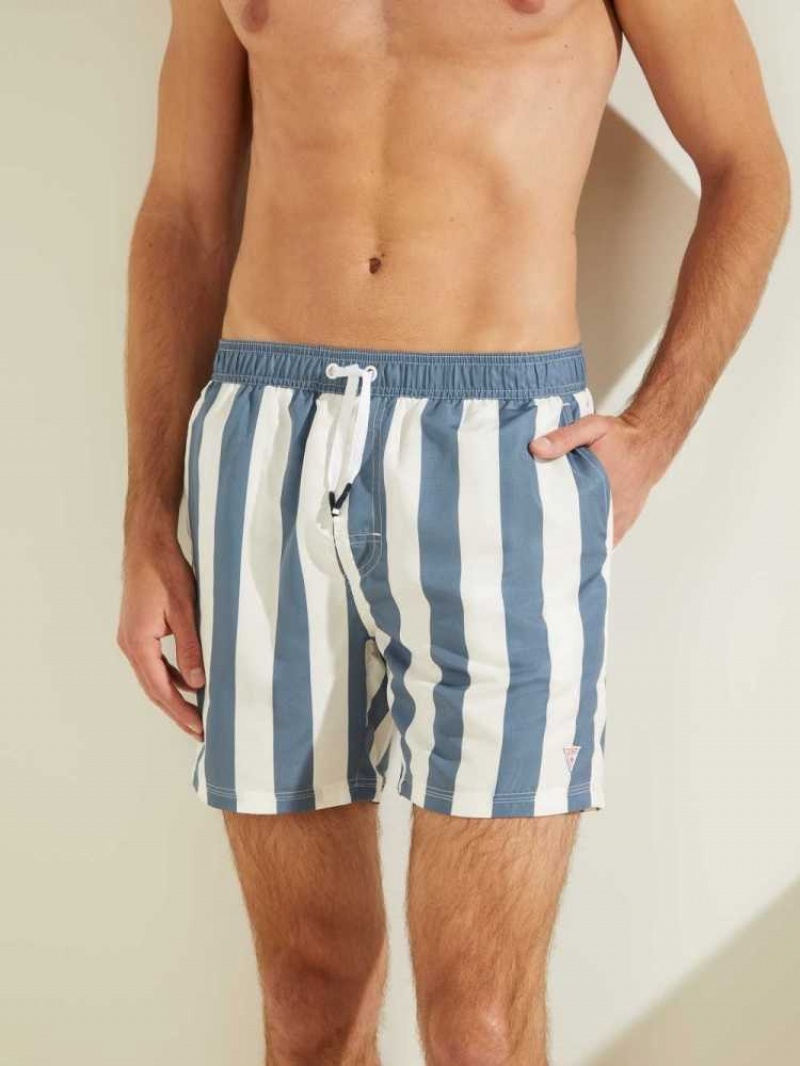 Vetement de Bain Guess Rayé Woven Swim Trunks Homme Bleu Marine | 39078-WDZA