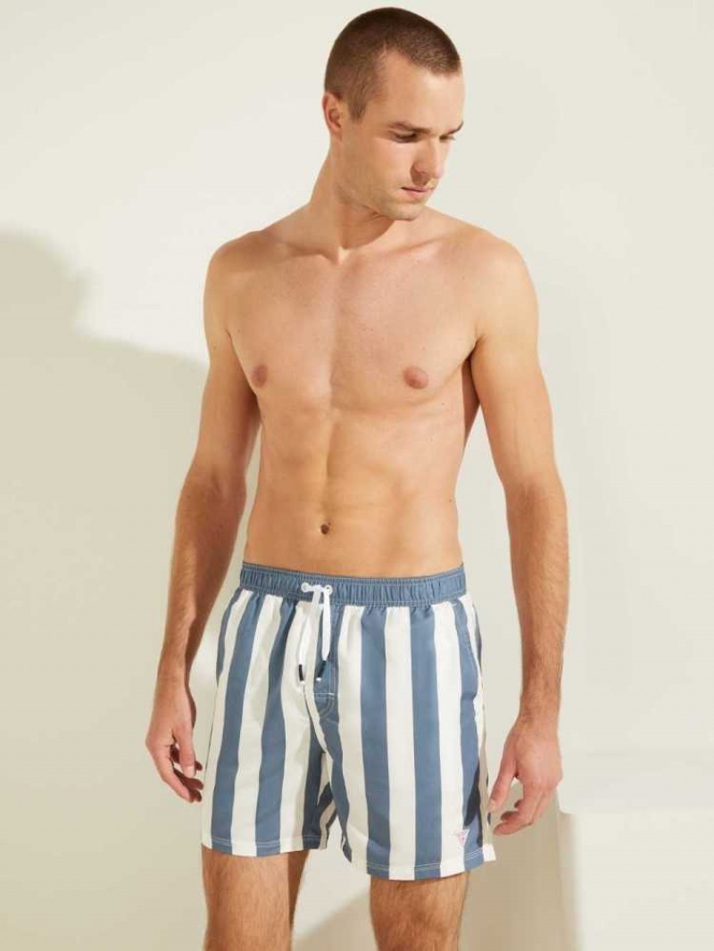 Vetement de Bain Guess Rayé Woven Swim Trunks Homme Bleu Marine | 39078-WDZA